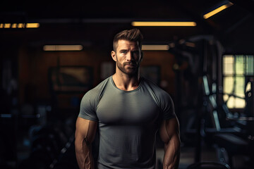 Fototapeta na wymiar A striking portrait of a serious young man in the gym, showcasing his dedication to fitness and strength training, perfect for health and wellness themes.