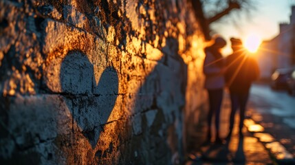 Woman hand showing heart sign on stone wall at sunset background. Love concept.