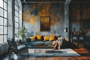 sofa and art poster on stucco wall. Interior design of modern loft living room - obrazy, fototapety, plakaty