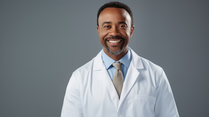 Smiling doctor wearing a white lab coat with a stethoscope around his neck, standing confidently against a colored background.