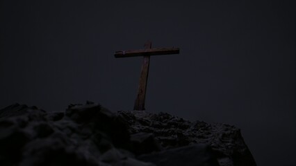 A stormy, dark Golgotha on Good Friday featuring three crosses.