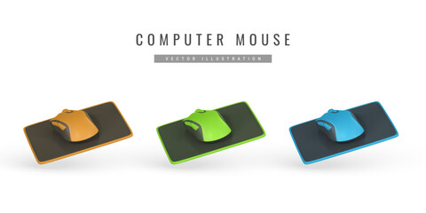 Realistic 3d computer wireless mouse on pad in cartoon style. Computer equipment concept. Vector illustration