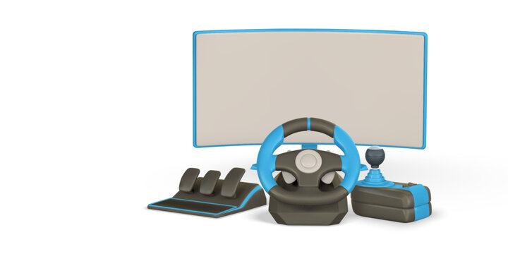 Realistic 3d computer monitor, game steering wheel, pedals, shifter. Game stick, controller, video game console. Game concept. Vector illustration