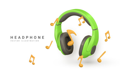 Fototapeta premium 3d realistic colour headphone with music note for music concept design in plastic cartoon style. Vector illustration