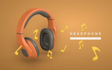 3d realistic colour headphone with music note for music concept design in plastic cartoon style. Vector illustration