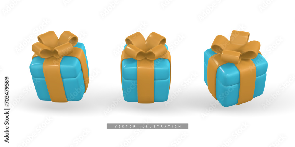 Canvas Prints 3d gift box with yellow bow. Plastic box with shadow isolated on light background. Vector illustration