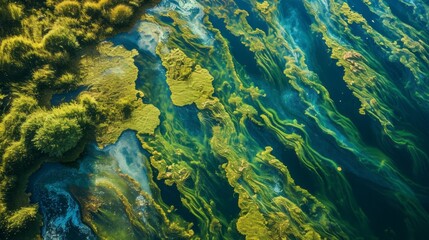 Fototapeta na wymiar Emerald Swirls: Algae Bloom's Aerial Spectacle in a Lake