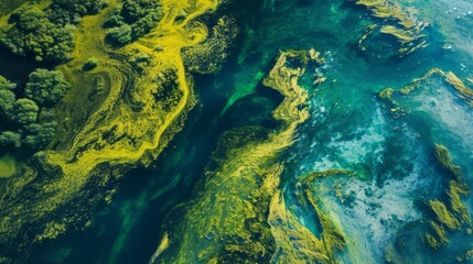 Fototapeta na wymiar Algae Artistry: Aerial Capture of Lake's Green Mosaic