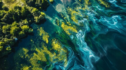 Fototapeta na wymiar Aquatic Canvas: Lake Algae Bloom's Aerial Abstract
