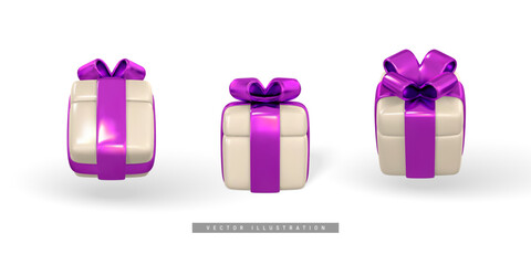 3d gift box with purple bow. Plastic box with shadow isolated on light background. Vector illustration