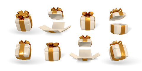 3d gift box with golden bow. Plastic box with shadow isolated on light background. Vector illustration