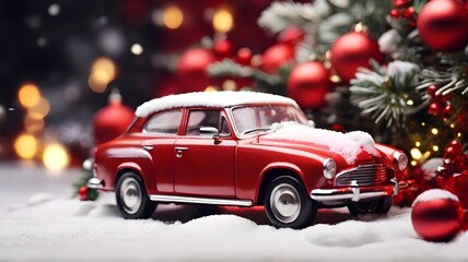 Red toy car covered with snow and christmas tree on background.