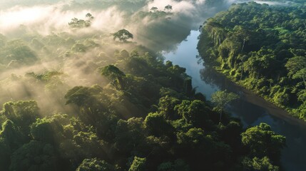 Fototapeta na wymiar Serene Veil: Early Mist Over Amazon Rainforest