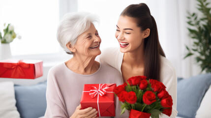 Young woman is presenting a gift box and a bouquet of red tulips to her mother