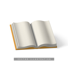 Cute cartoon open book. Realistic 3d book with shaddow on white background. Vector illustration