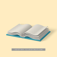 Cute cartoon open book. Realistic 3d book with shaddow on light background. Vector illustration