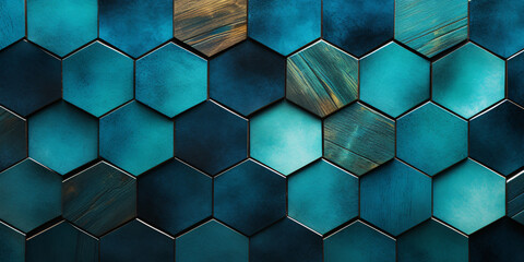 Turquoise and blue hexagon shaped tile wall background