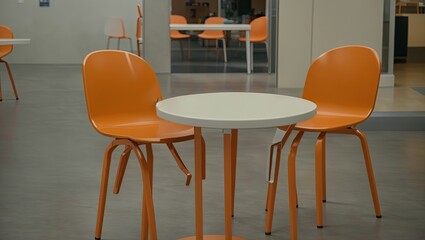 a couple of orange chairs sitting next to a table