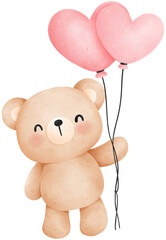 Cute teddy bear with balloons, Valentine's Day watercolor illustration