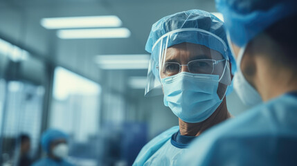 Close-up of a healthcare worker in blue scrubs, wearing safety goggles and a surgical mask, the focus is on their eyes