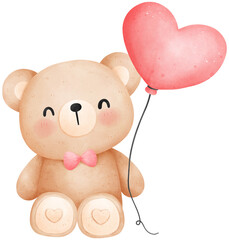 Cute teddy bear with balloon, Valentine's Day watercolor illustration