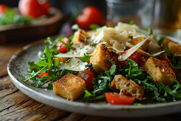 Caesar salad with chicken fillet, cherry tomatoes and croutons, traditional Italian food on wooden background