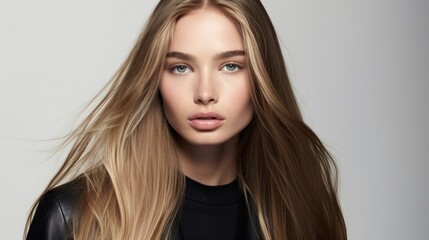 Woman with very long, straight and shiny hair in dark blonde  - obrazy, fototapety, plakaty