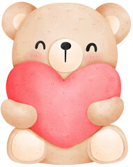 Cute teddy bear with heart, Valentine's Day watercolor illustration