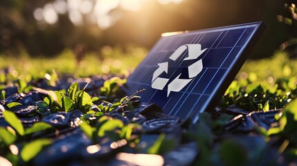 An eco-friendly solar panel recycling to processes old, discarded solar panels for materials recovery, ensuring sustainable disposal and environmental conservation. - obrazy, fototapety, plakaty