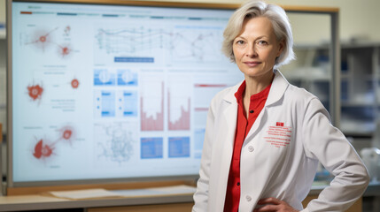 Senior medical professional with white hair, wearing a lab coat , standing confidently in front of a poster displaying scientific charts and data.
