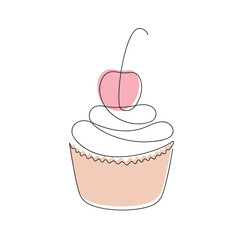 Cupcake with cherry drawn in one continuous line in color. One line drawing, minimalism. Vector illustration.