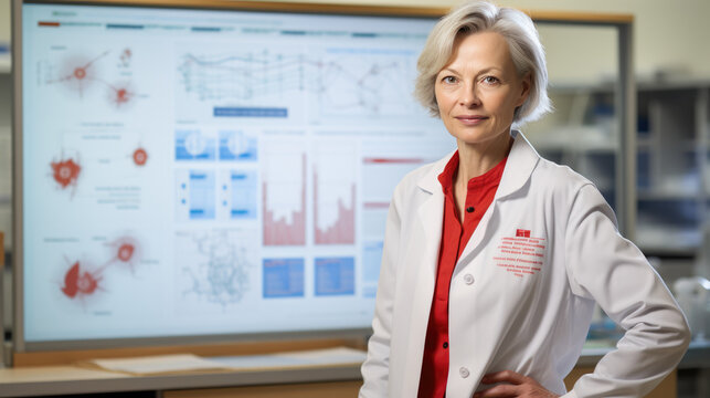 Senior medical professional with white hair, wearing a lab coat , standing confidently in front of a poster displaying scientific charts and data.