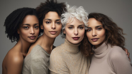 Obraz premium Group portrait of women of different ages and ethnic backgrounds, smiling and embracing each other, symbolizing diversity and unity.