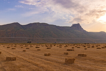 Obraz premium Sacred mountain Beshbarmag at sunset.