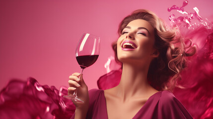 woman with glass of red wine, woman with wine glass, calm woman taking a bath Splashing crimson wine glass over a soft pastel background