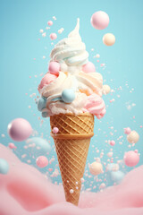 Ice cream in waffle cone on pastel blue background. Summer  creative concept.