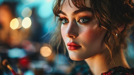 Close-up portrait of a beautiful girl with bright make-up.