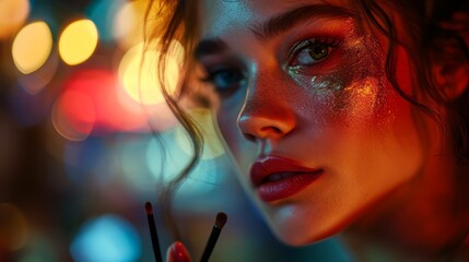 Fototapeta premium Close-up portrait of a beautiful girl with bright make-up.