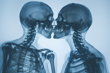 x-ray vision concept art depicting a couple kissing - white background - obrazy, fototapety, plakaty