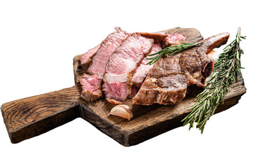 BBQ Grilled Tomahawk Steak, Rib eye on a wooden board.  Transparent background. Isolated.