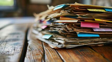 Close-up of a large stack of worn and tattered files or folders with various colored post-it tabs sticking out