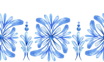 Watercolor seamless border with folk, ethnic, floral motifs. Hand drawn blue stylized flowers.