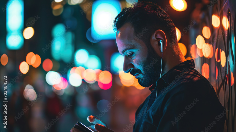 Sticker man with earphones using a smartphone at night on a city street, with a colorful bokeh of street lig