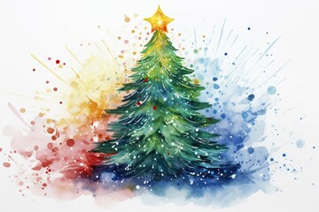 Multicolored watercolor Christmas tree with splash
