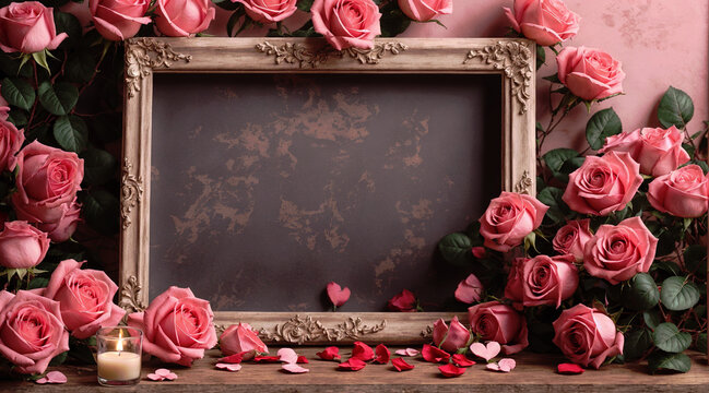 Picture frame chalkboard with red and pink roses, flowers. Panoramic banner for Valentine's day, mother's day, women's day, wedding invitation. Top down with copy space. Generative AI.