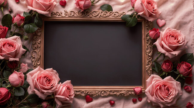Picture frame chalkboard with red and pink roses, flowers. Panoramic banner for Valentine's day, mother's day, women's day, wedding invitation. Top down with copy space. Generative AI.