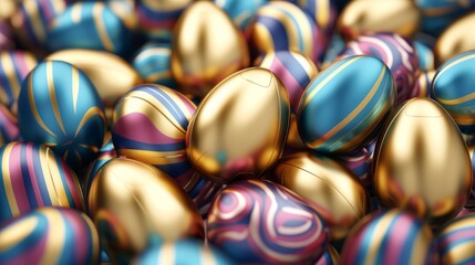 Fototapeta na wymiar Vibrant easter egg delight: colorful and gold striped background | 3d render for happy easter celebration, hunt, or sale