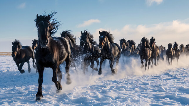 Herd of black horses running in the snow on a sunny winter day. 