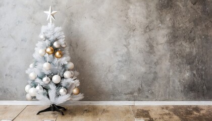 white christmas tree mockup with bolls in room with concrete wall