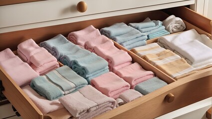 Fototapeta na wymiar a drawer filled with folded towels and folded towels
